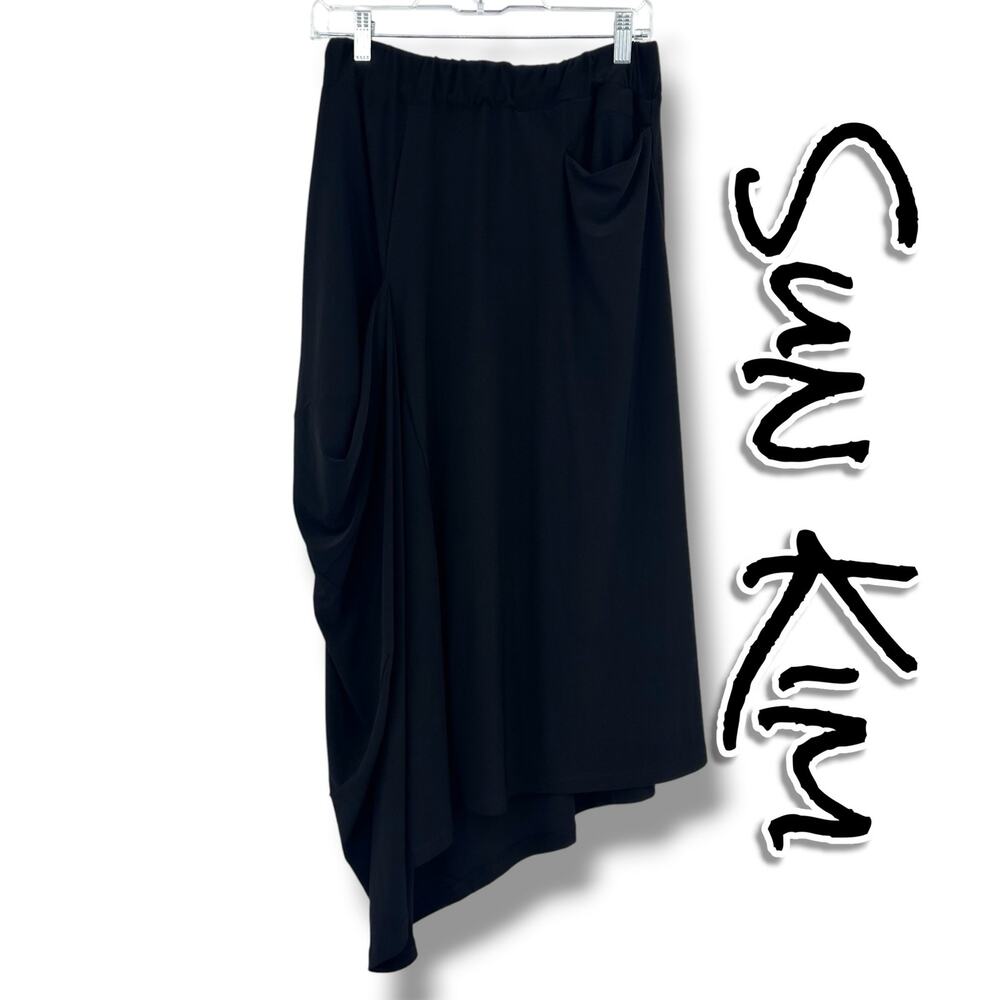 Sun Kim Black Asymmetrical Midi Skirt S Draped Pocket Stretch Lagenlook Made USA
